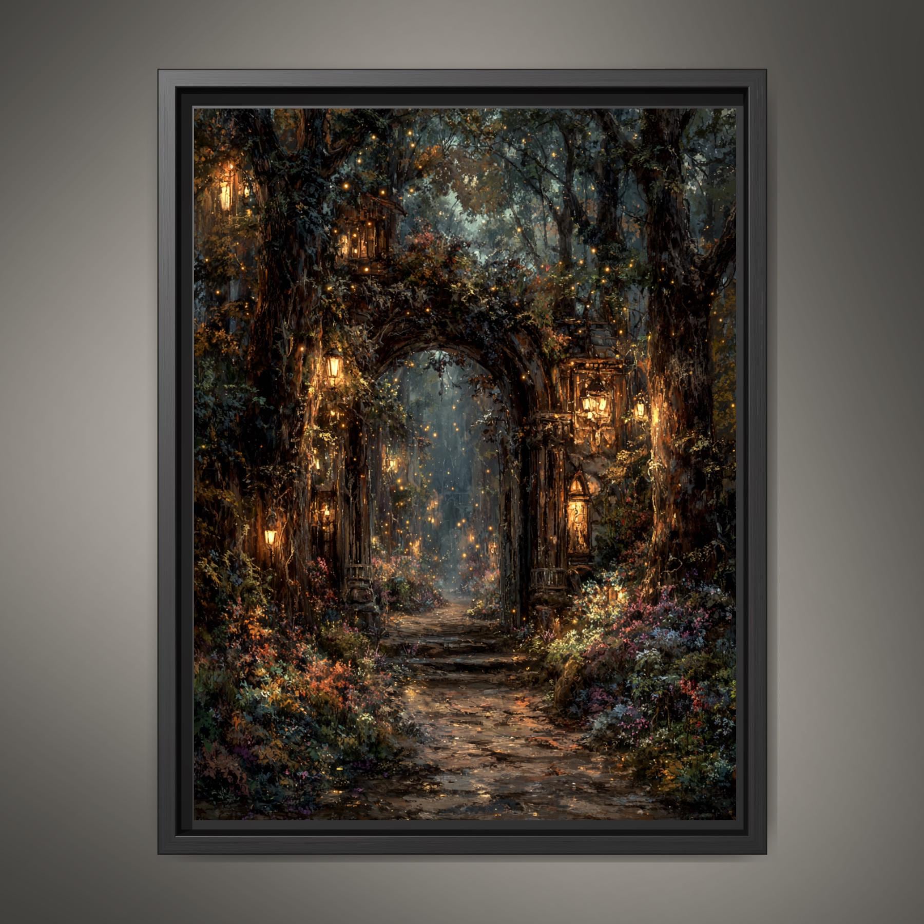 Enchanted Fairy Portal Forest Print, Mystical Lanterns Woodland Painting, Vintage Fantasy Firefly Wall Art Main image