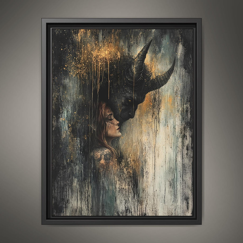 Black Horned Demon and Woman Art Print Dark Fantasy Gold Drip Occult Devil Decor
