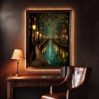 Canal Path Nightime Scene Print Glowing Firefly Oil Painting Style Golden Lantern Lit Reflections