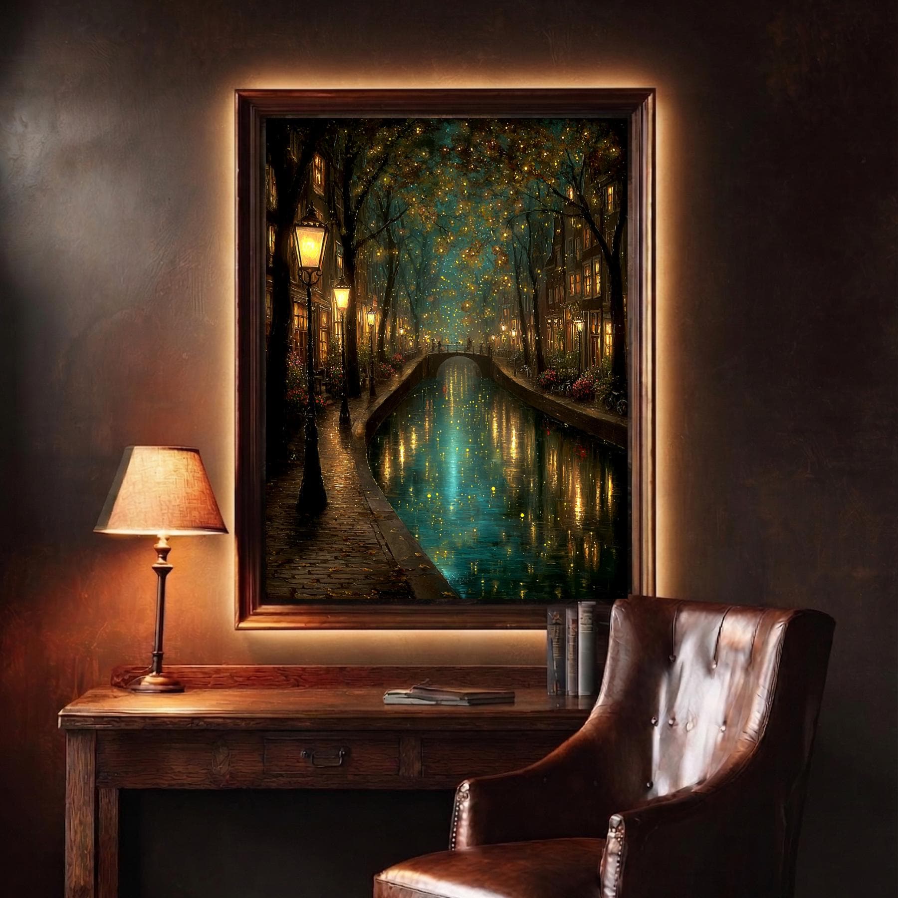 Canal Path Nightime Scene Print Glowing Firefly Oil Painting Style Golden Lantern Lit Reflections