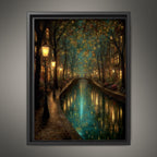 Canal Path Nightime Scene Print Glowing Firefly Oil Painting Style Golden Lantern Lit Reflections