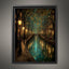 Canal Path Nightime Scene Print Glowing Firefly Oil Painting Style Golden Lantern Lit Reflections