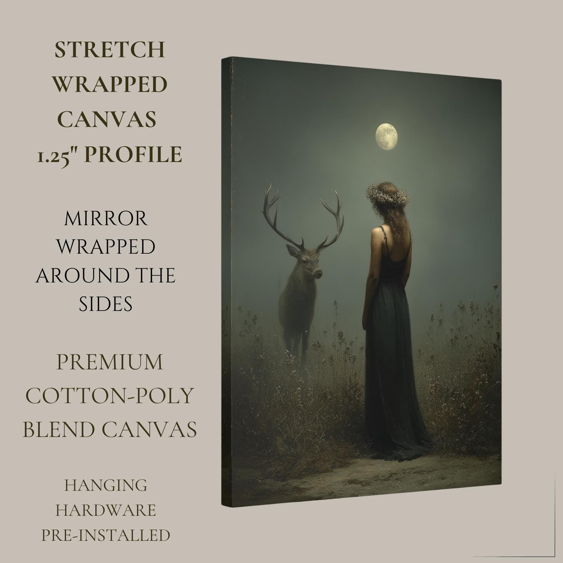 Moonlit Stag and Woman Wall Art Print, Mystical Moon Goddess Deer Artwork