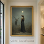 Moonlit Stag and Woman Wall Art Print, Mystical Moon Goddess Deer Artwork