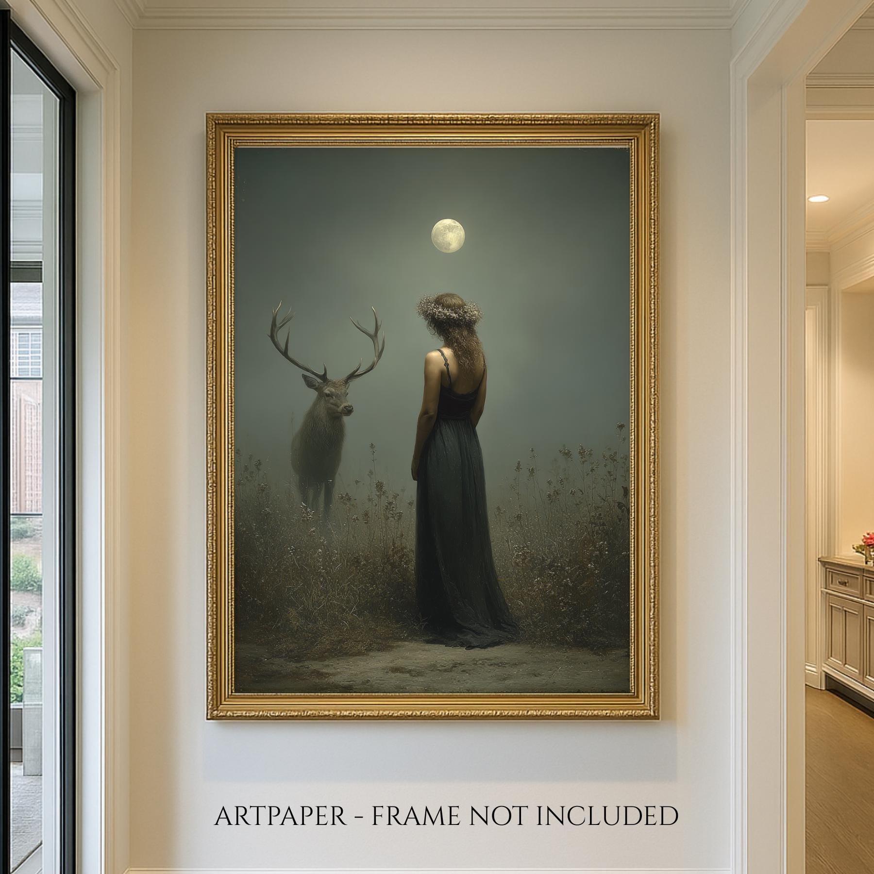 Moonlit Stag and Woman Wall Art Print, Mystical Moon Goddess Deer Artwork