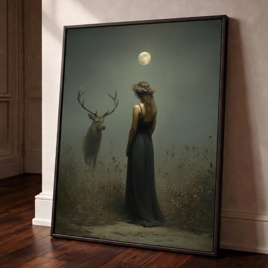 Moonlit Stag and Woman Wall Art Print, Mystical Moon Goddess Deer Artwork