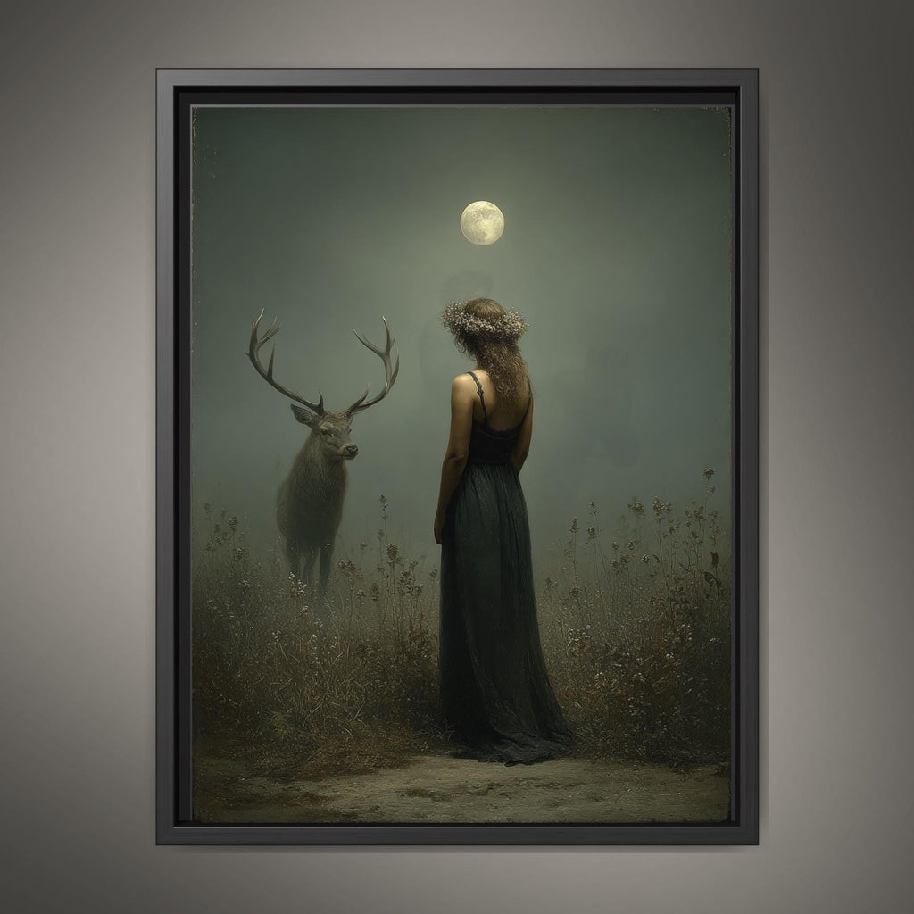 Moonlit Stag and Woman Wall Art Print, Mystical Moon Goddess Deer Artwork