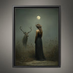 Moonlit Stag and Woman Wall Art Print, Mystical Moon Goddess Deer Artwork