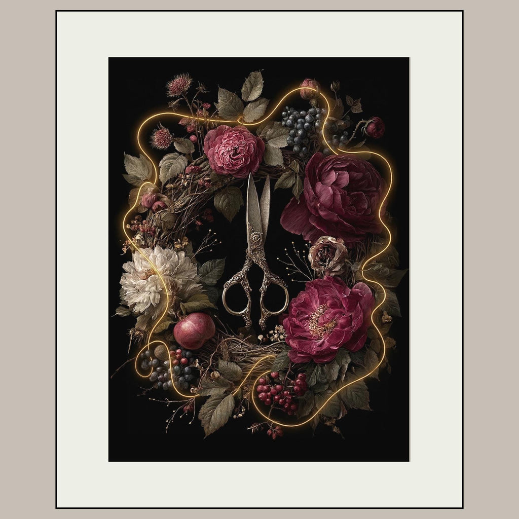 Thread of Life Wall Art Print, Floral Scissors Artwork, Greek Mythology Decor