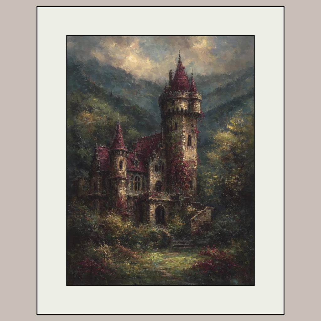 Gothic Castle with Turrets Wall Art Print: Medieval Fortress European Scenery Painting