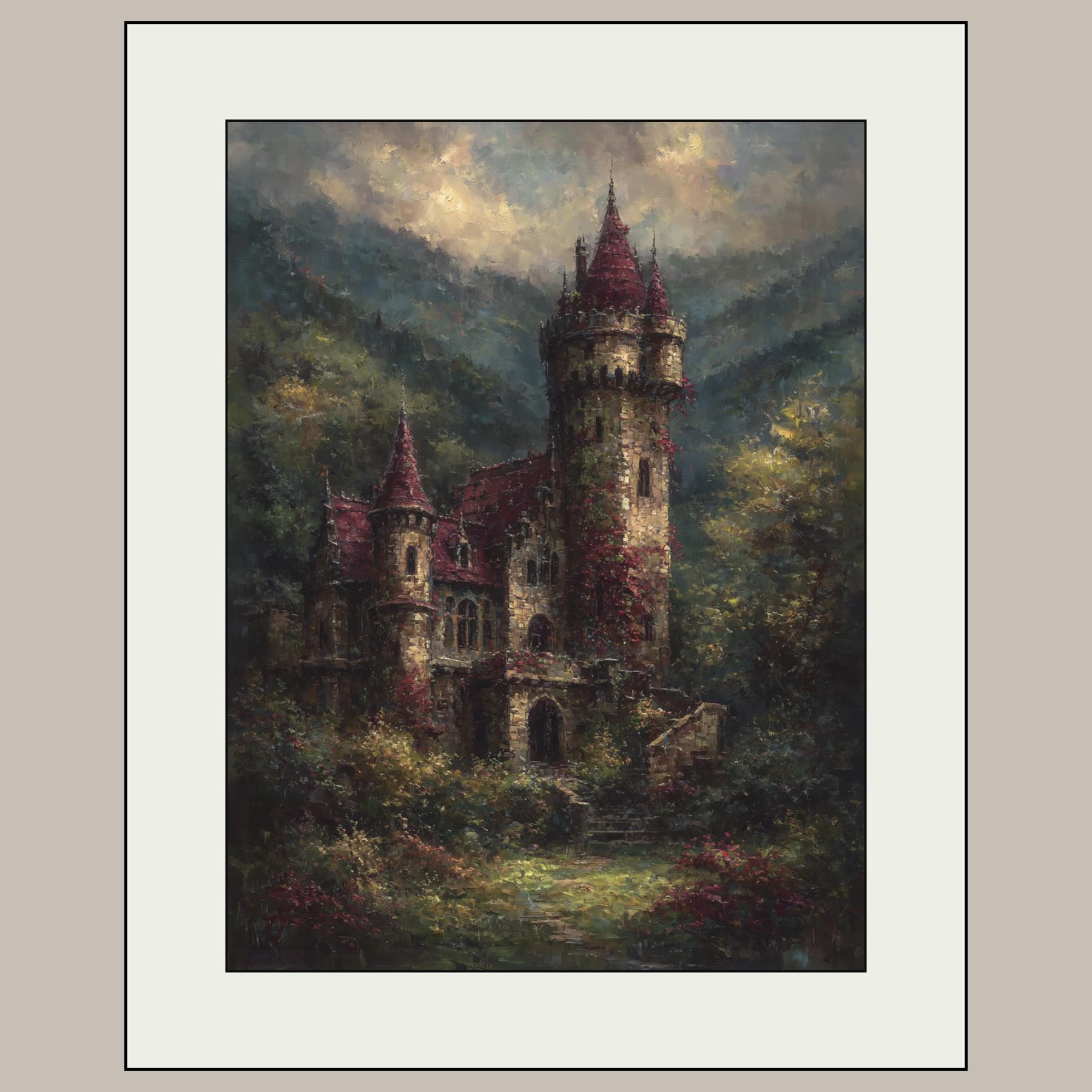 Gothic Castle with Turrets Wall Art Print: Medieval Fortress European Scenery Painting