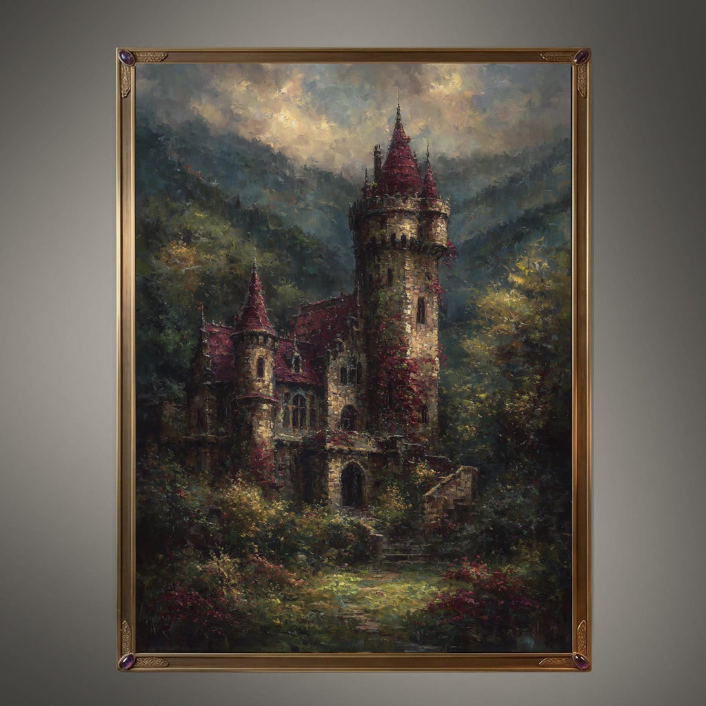 Gothic Castle with Turrets Wall Art Print: Medieval Fortress European Scenery Painting