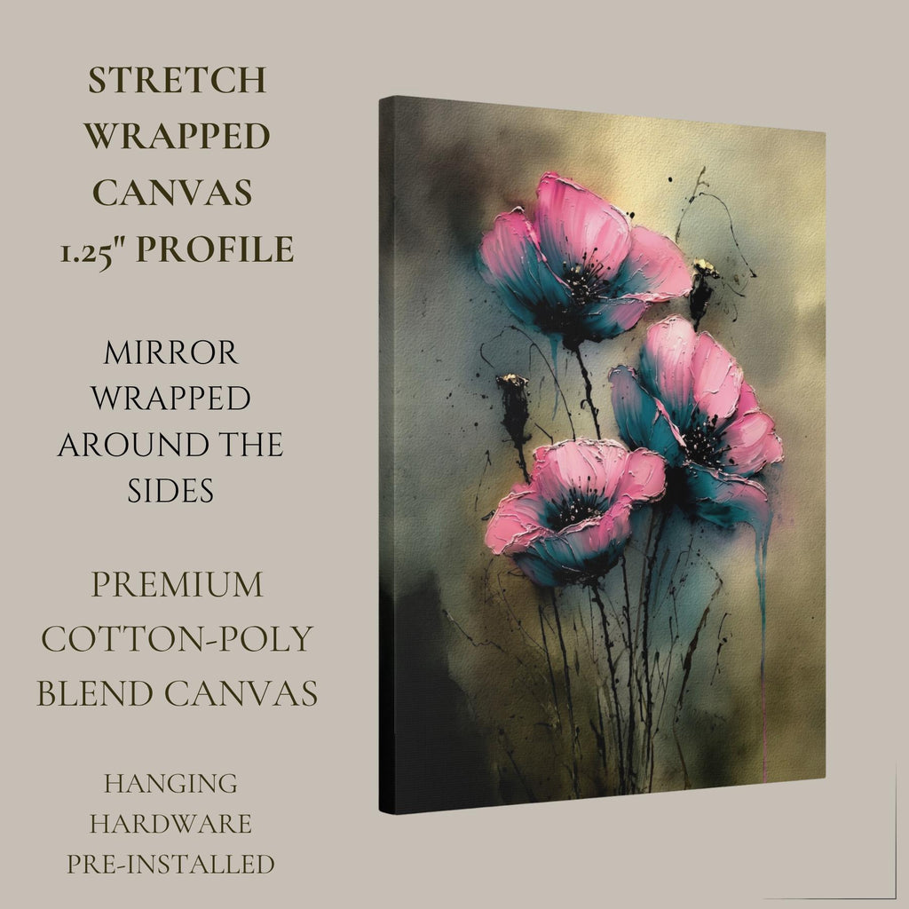 Pink Teal Floral Wall Art Print, Moody Abstract Flower Painting, Dark Romantic Botanical Decor