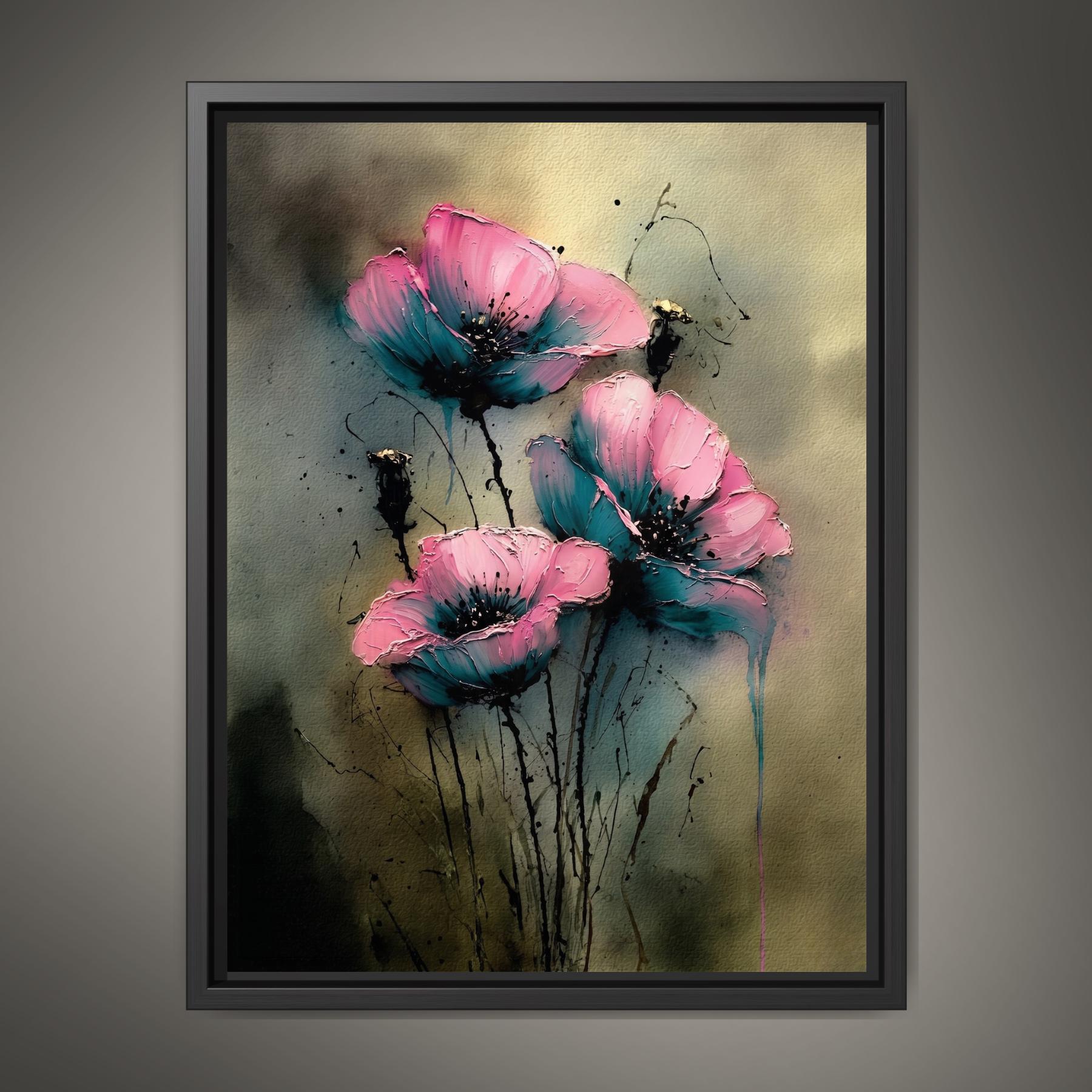 Pink Teal Floral Wall Art Print, Moody Abstract Flower Painting, Dark Romantic Botanical Decor