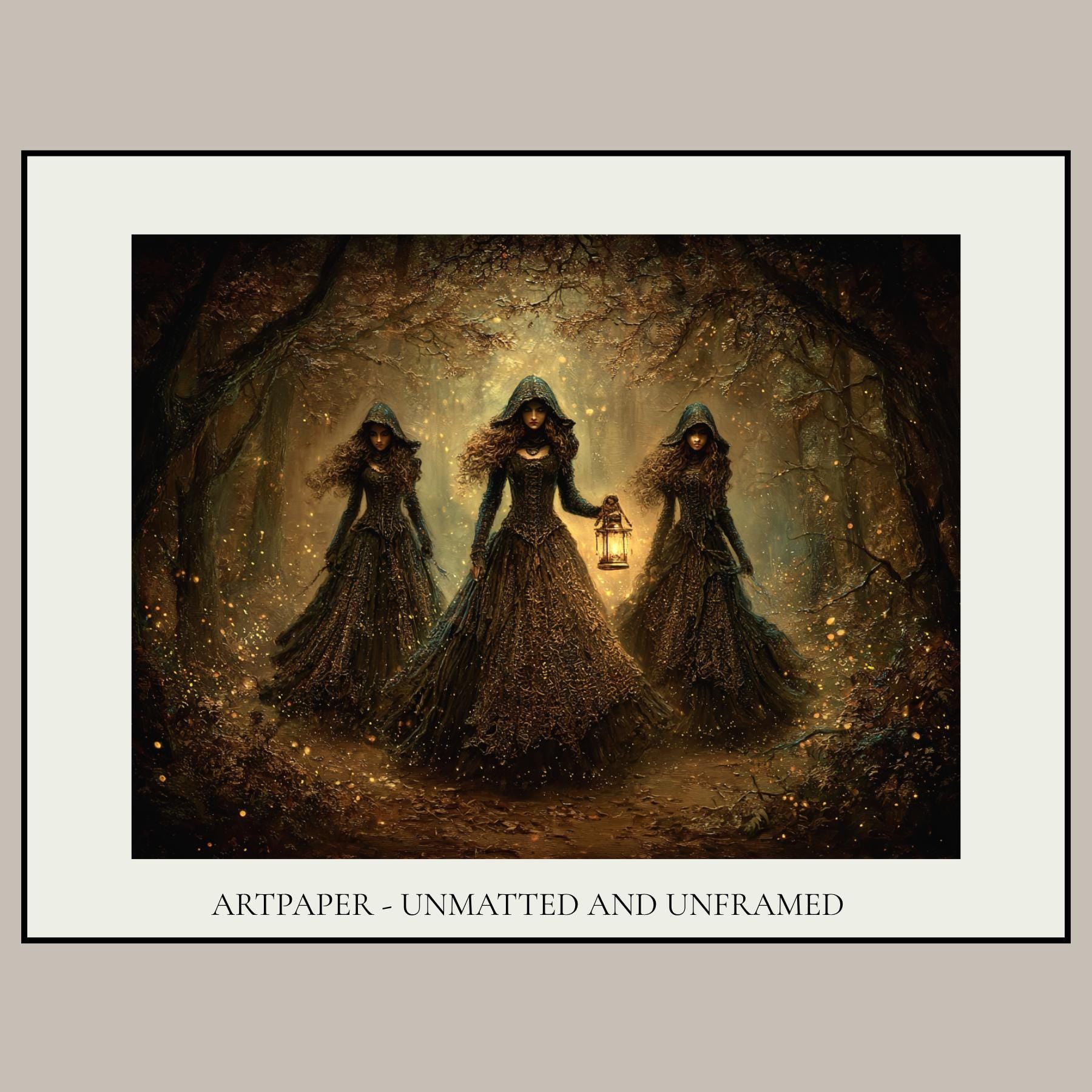 Three Witches Wall Art Print, Dark Fantasy Witch Coven Painting, Gothic Woodland Decor
