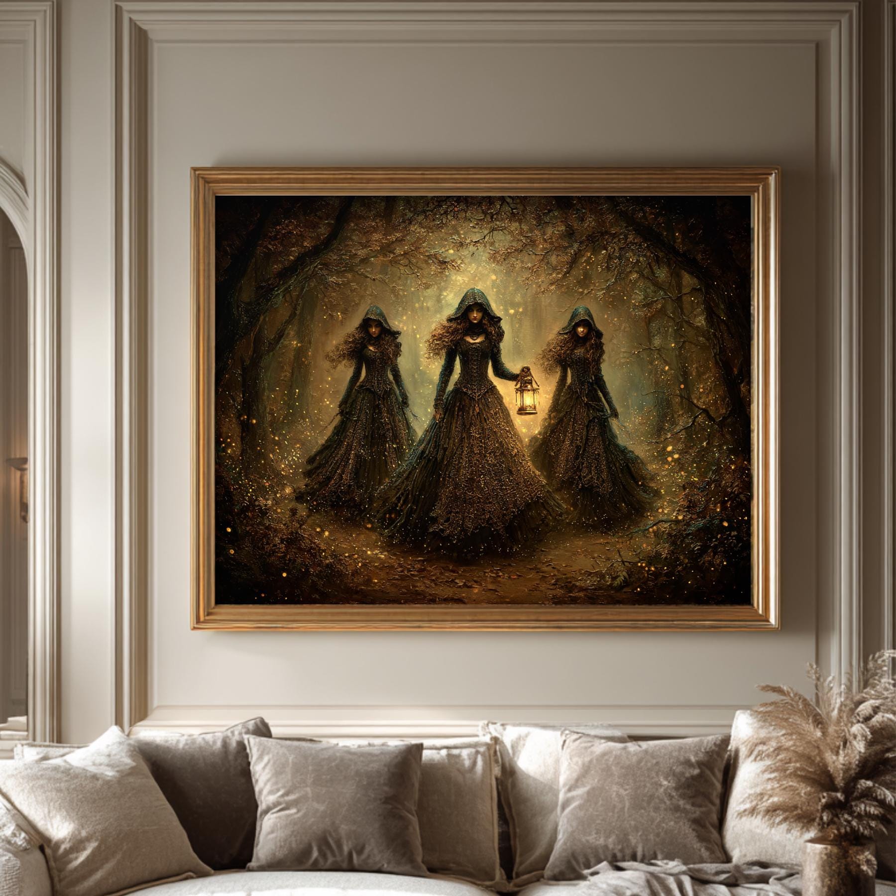 Three Witches Wall Art Print, Dark Fantasy Witch Coven Painting, Gothic Woodland Decor Secondary image