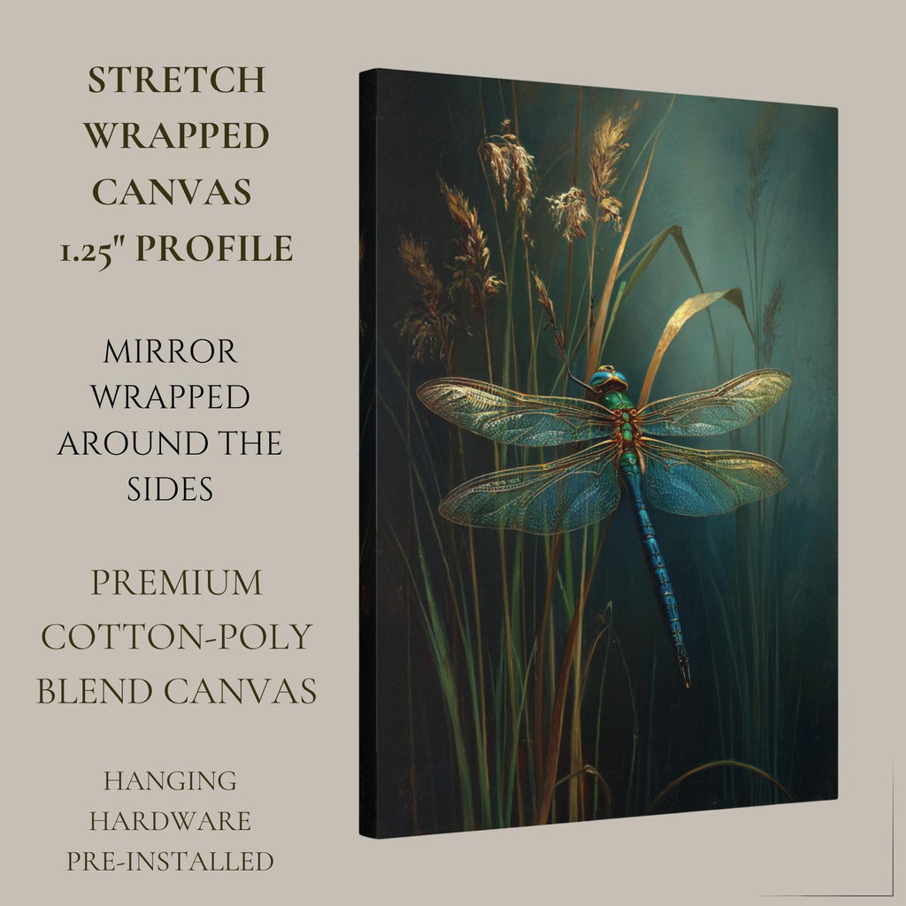 Dragonfly Wall Art Print, Teal Botanical Insect Painting, Dark Academia Wall Decor