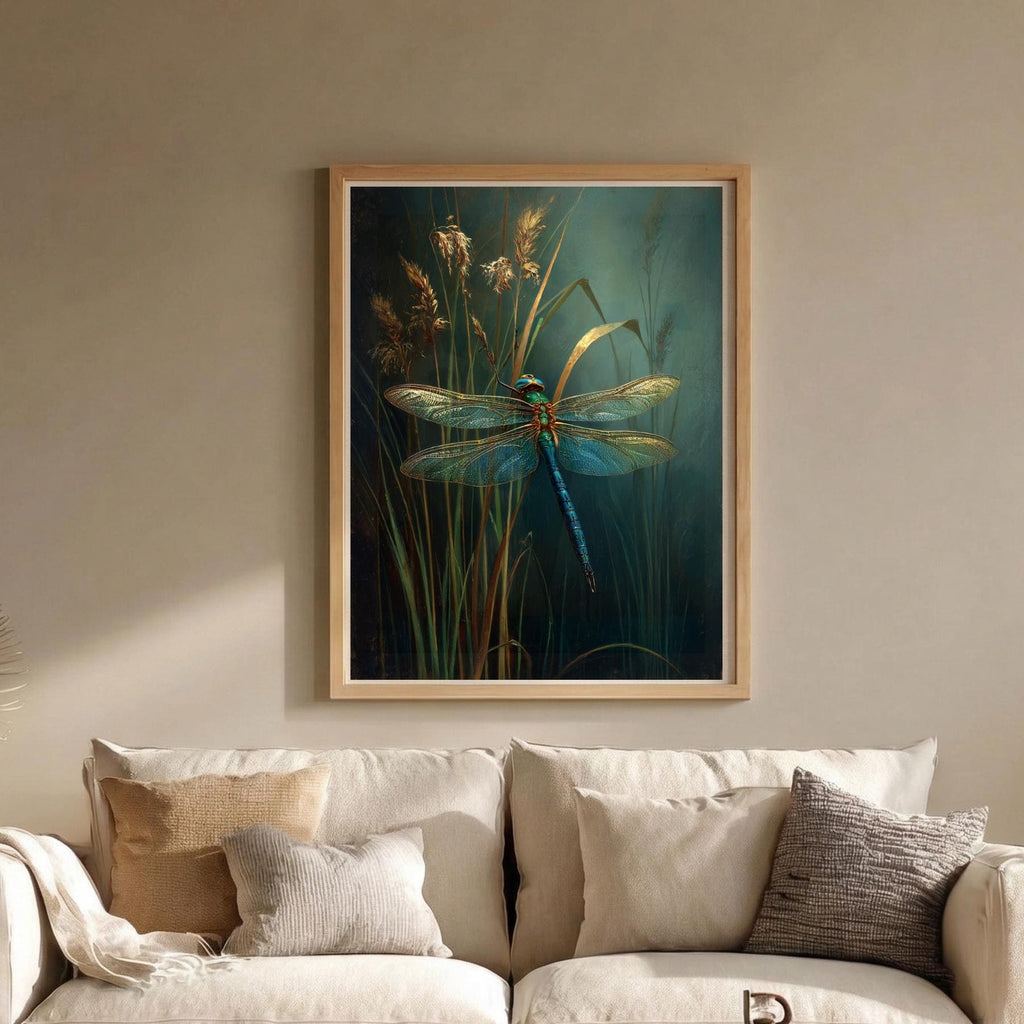 Dragonfly Wall Art Print, Teal Botanical Insect Painting, Dark Academia Wall Decor