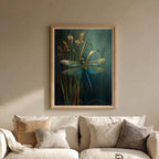 Dragonfly Wall Art Print, Teal Botanical Insect Painting, Dark Academia Wall Decor