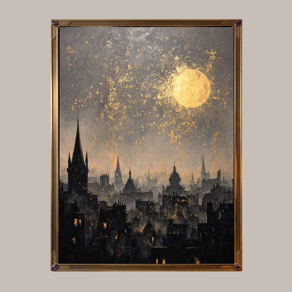 London City Skyline Wall Art Print, Golden Moon Silhouette Painting, European Night Skies Artwork