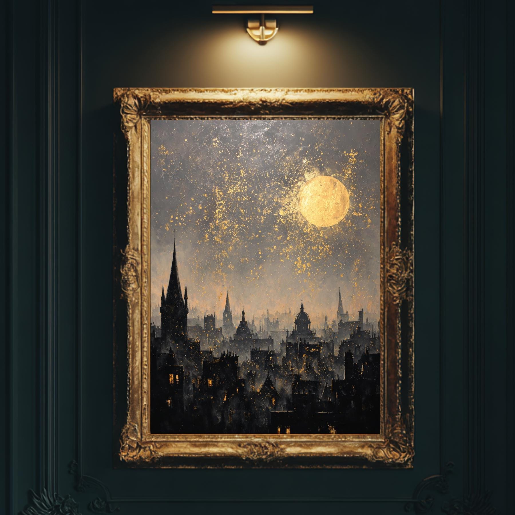 London City Skyline Wall Art Print, Golden Moon Silhouette Painting, European Night Skies Artwork