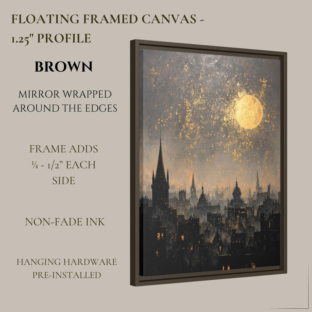 London City Skyline Wall Art Print, Golden Moon Silhouette Painting, European Night Skies Artwork