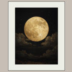 Golden Full Moon Wall Art Print, Celestial Night Sky Cloudscape Painting