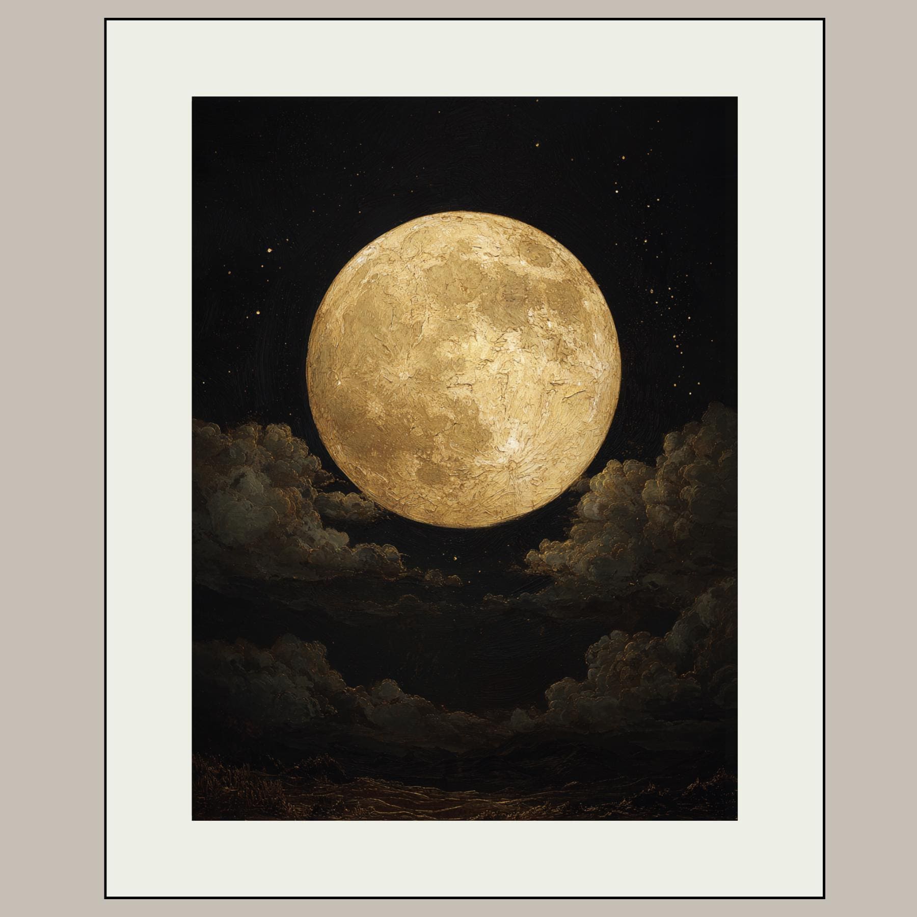 Golden Full Moon Wall Art Print, Celestial Night Sky Cloudscape Painting