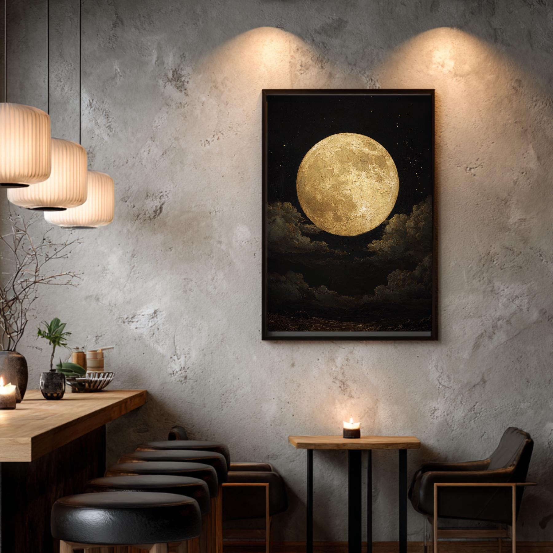 Golden Full Moon Wall Art Print, Celestial Night Sky Cloudscape Painting