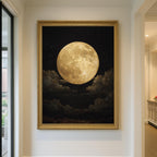 Golden Full Moon Wall Art Print, Celestial Night Sky Cloudscape Painting