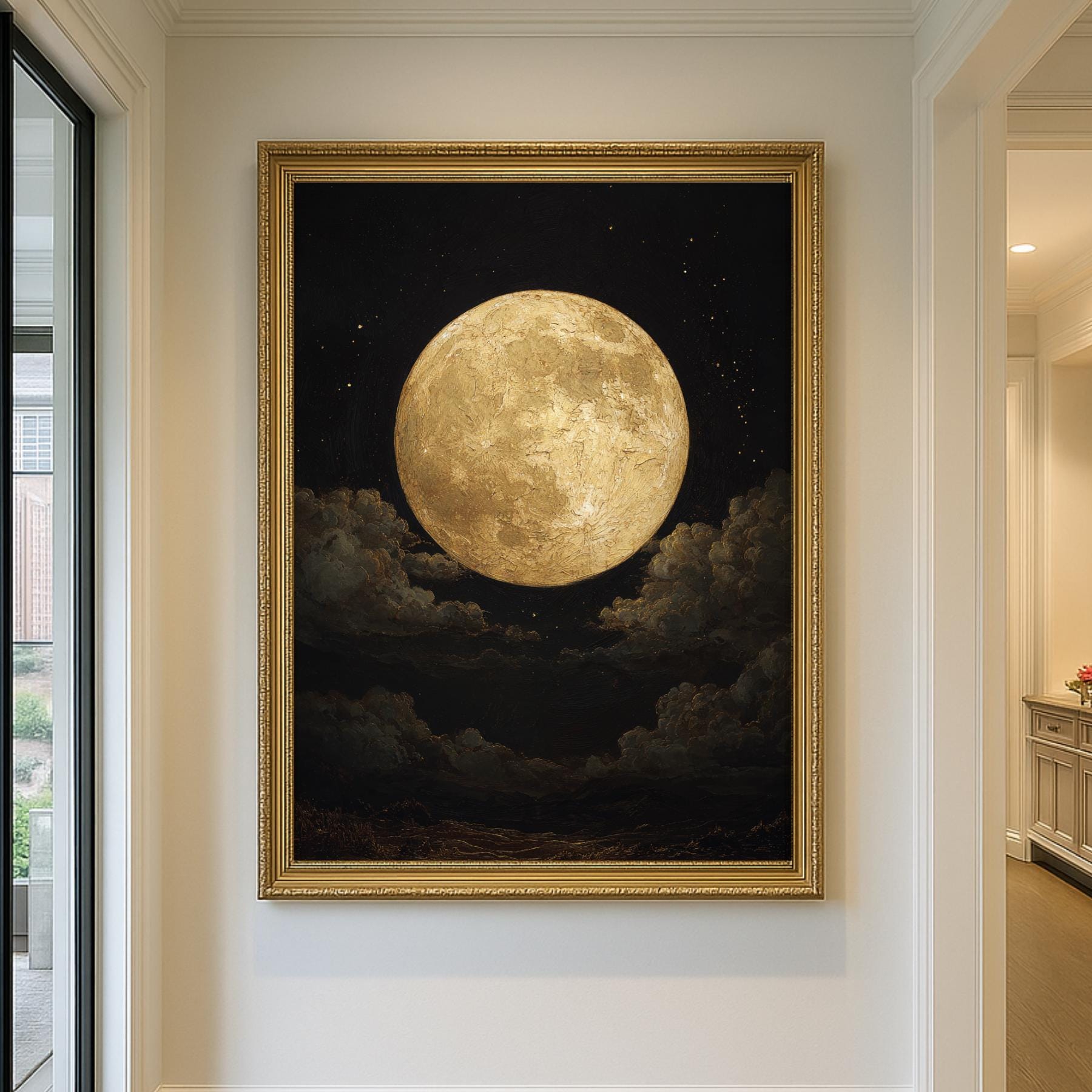 Golden Full Moon Wall Art Print, Celestial Night Sky Cloudscape Painting Secondary image