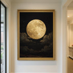 Golden Full Moon Wall Art Print, Celestial Night Sky Cloudscape Painting