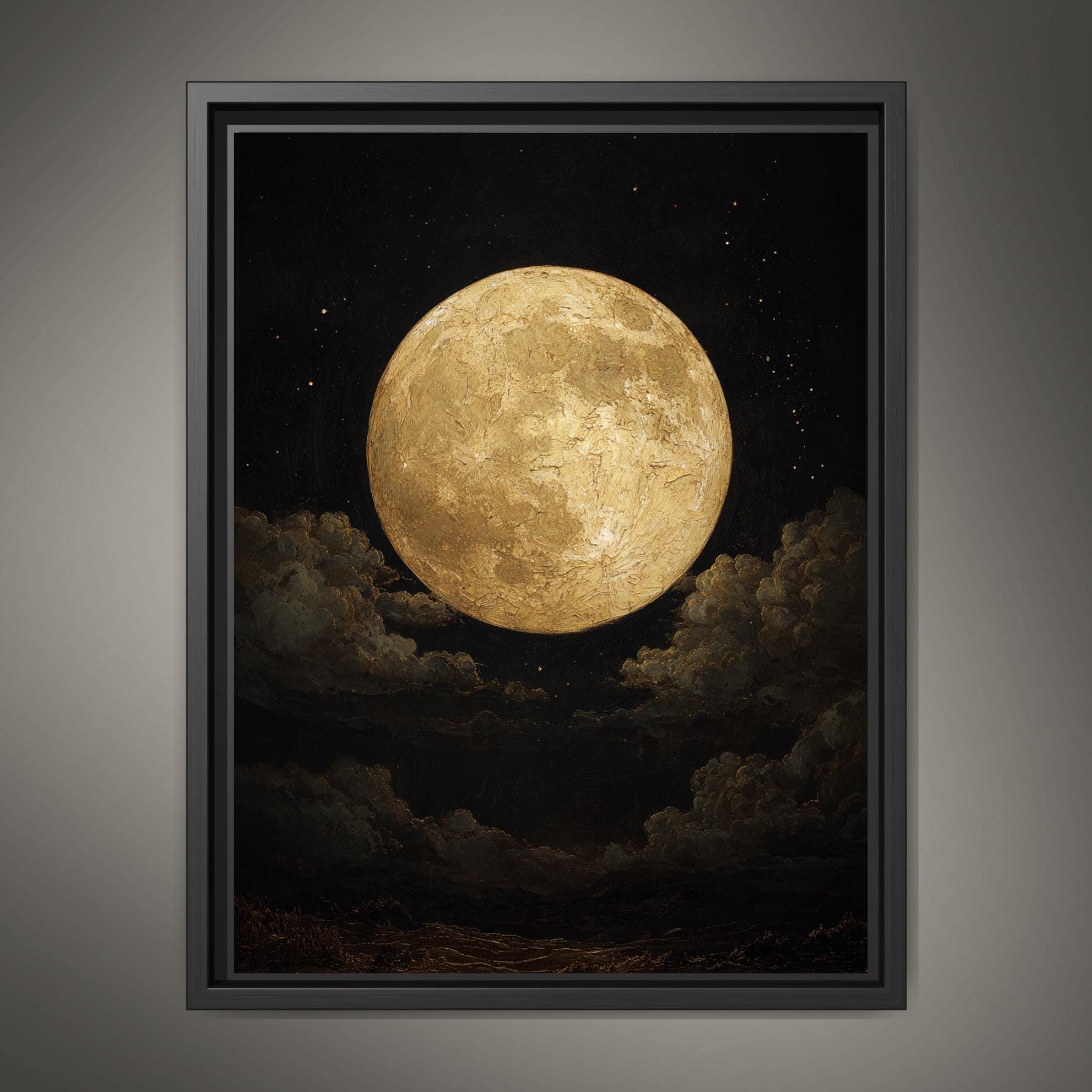 Golden Full Moon Wall Art Print, Celestial Night Sky Cloudscape Painting Main image