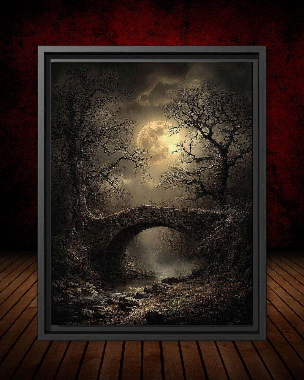 Moonlit Bridge Art Print Full Moon Dark Forest Misty Landscape, Spooky Creepy Haunted Painting