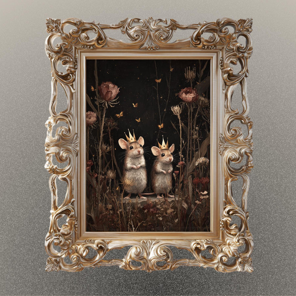 Whimsical Mouse Wall Art Print, Crowned Mice Painting, Fieldmouse Wearing Crowns Woodland Decor Artwork