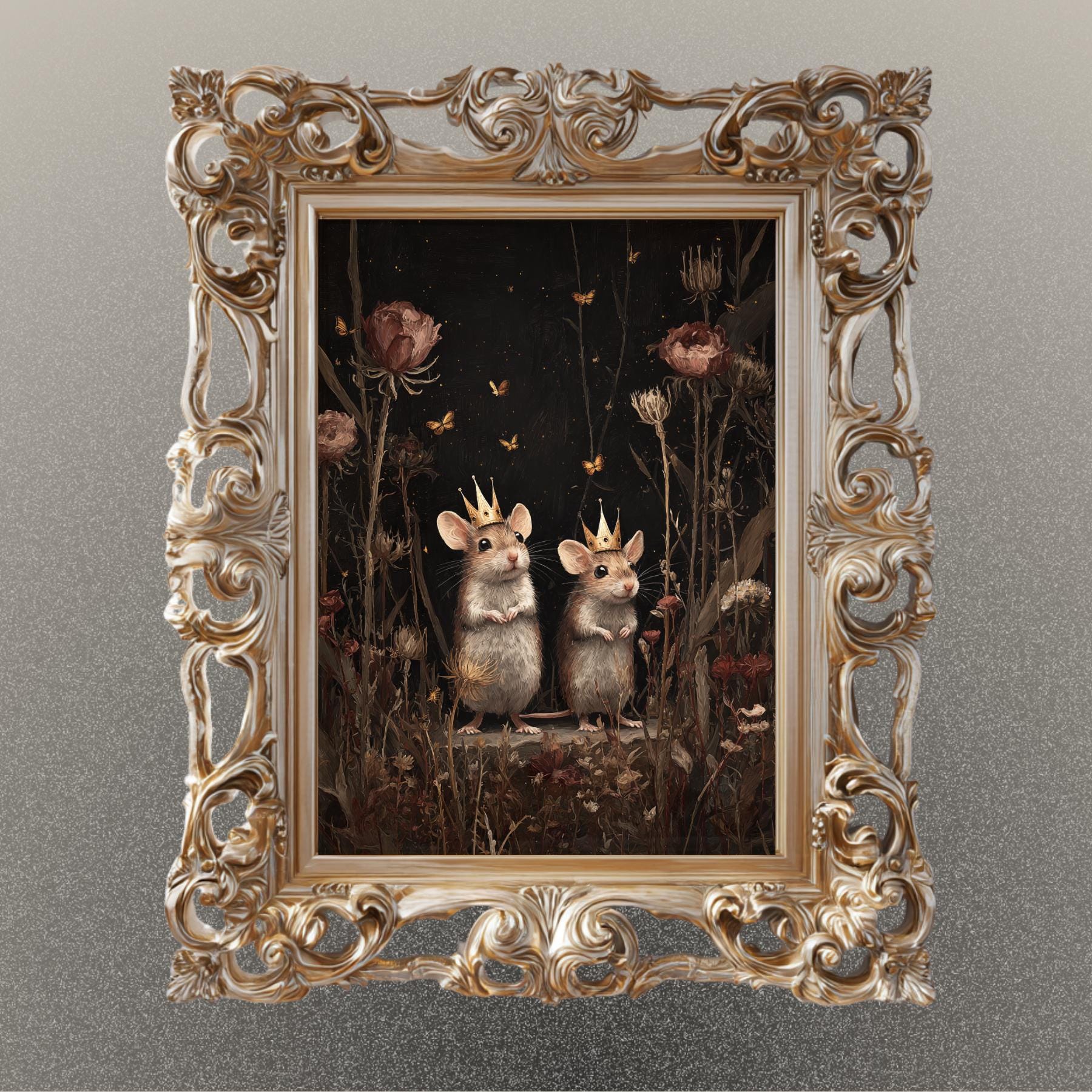 Whimsical Mouse Wall Art Print, Crowned Mice Painting, Fieldmouse Wearing Crowns Woodland Decor Artwork