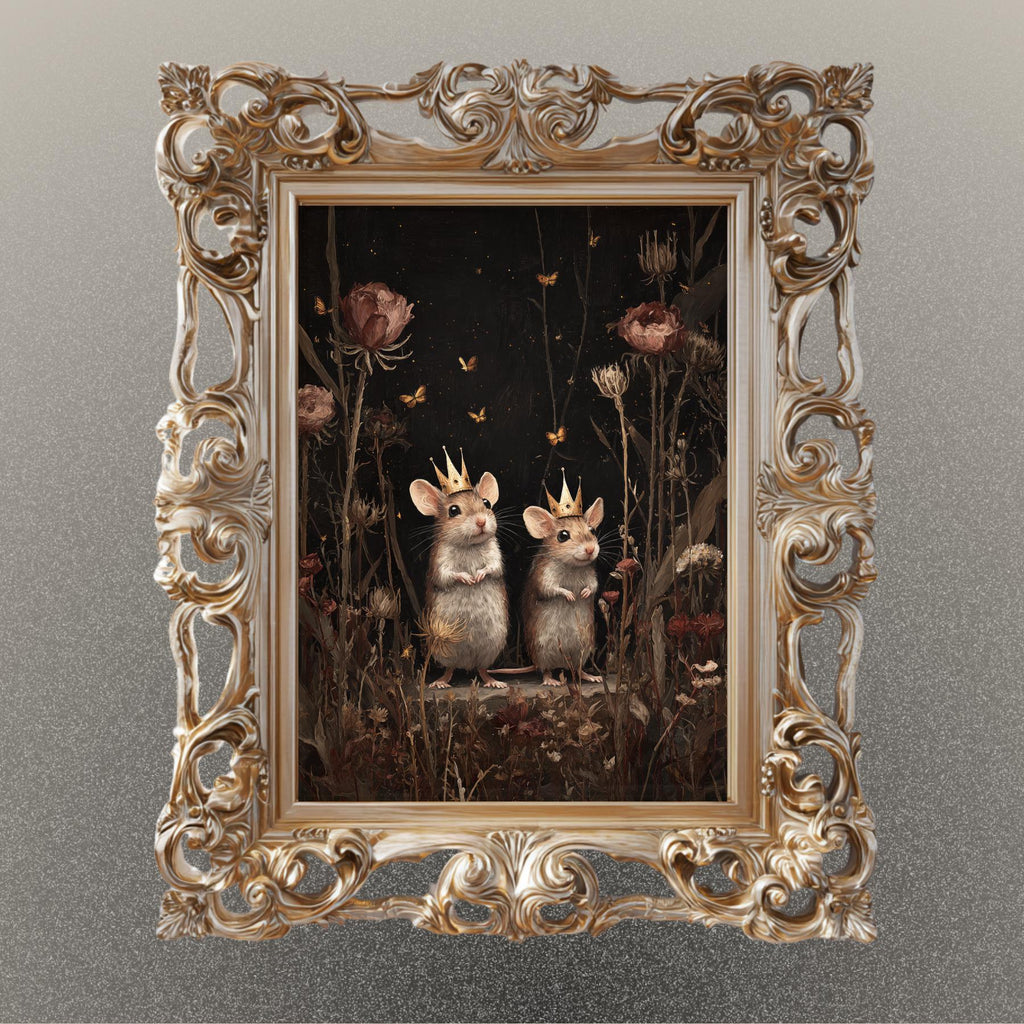 Whimsical Mouse Wall Art Print, Crowned Mice Painting, Fieldmouse Wearing Crowns Woodland Decor Artwork