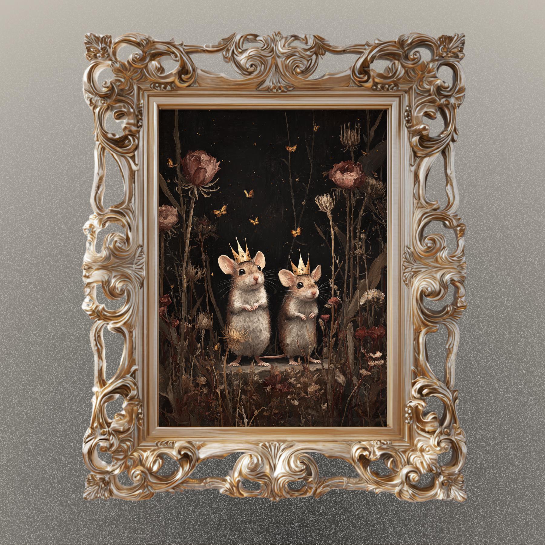 Whimsical Mouse Wall Art Print, Crowned Mice Painting, Fieldmouse Wearing Crowns Woodland Decor Artwork