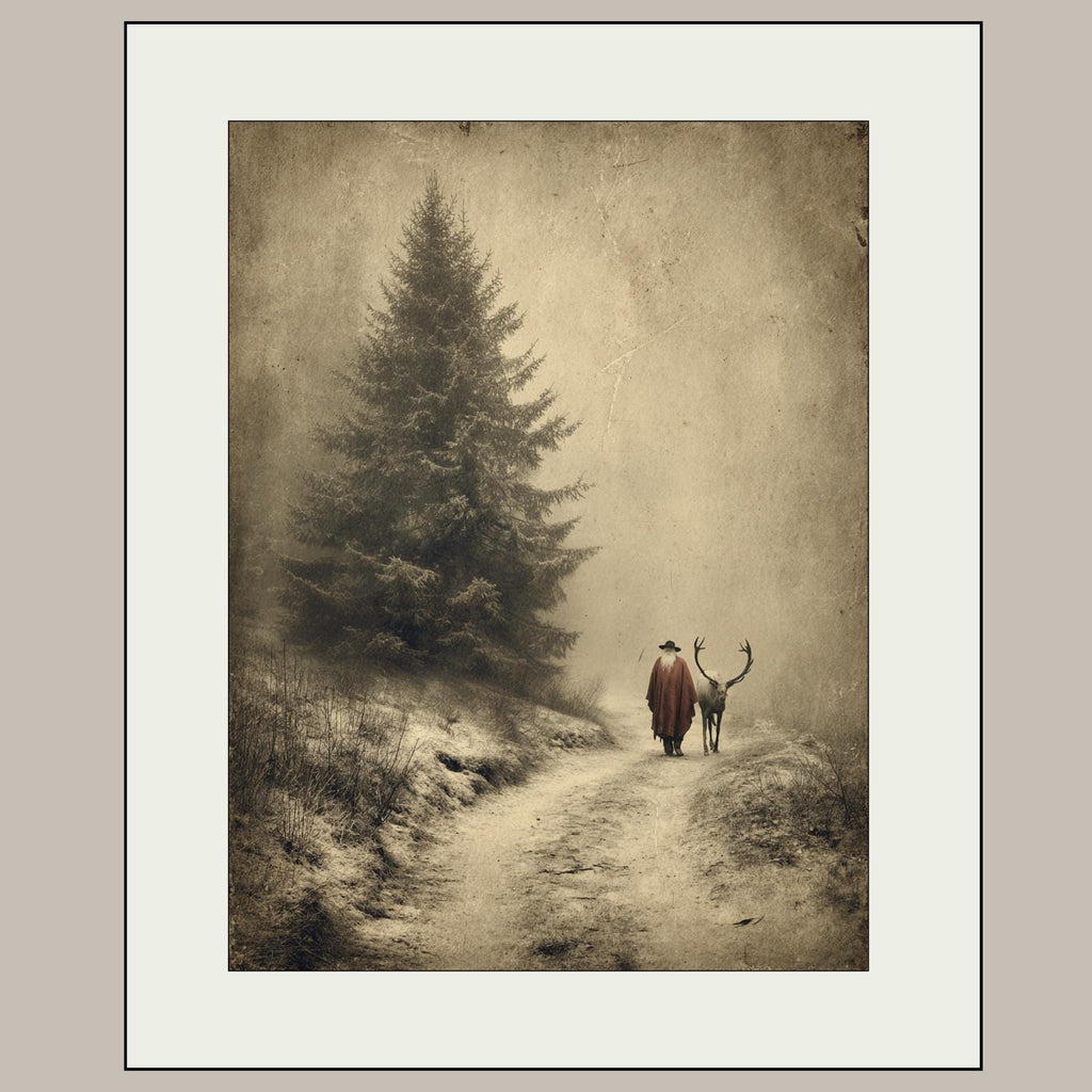 Father Christmas with Reindeer Wall Art Print, Vintage Winter Forest Scene Painting