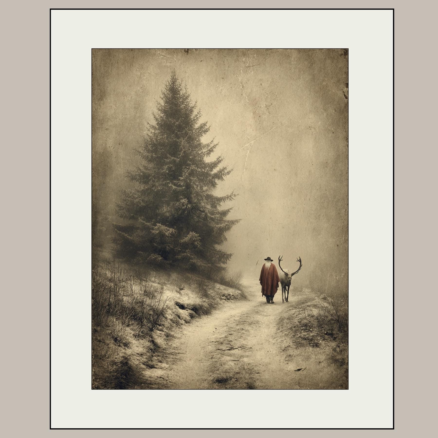 Father Christmas with Reindeer Wall Art Print, Vintage Winter Forest Scene Painting