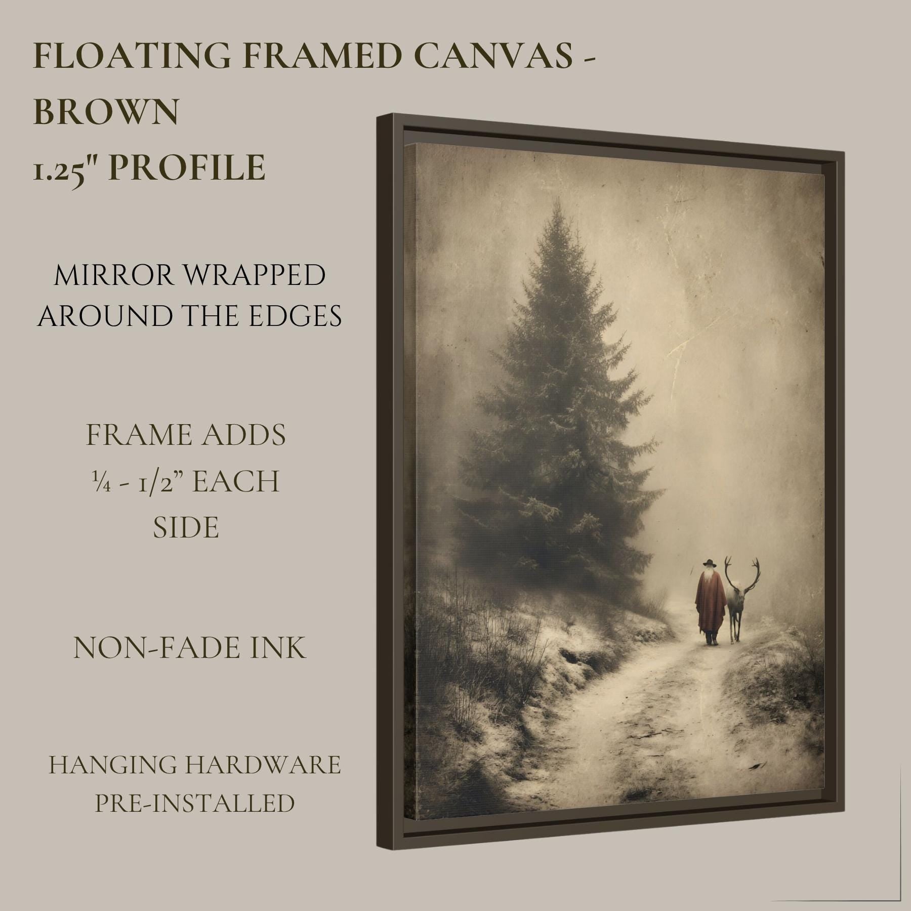 Father Christmas with Reindeer Wall Art Print, Vintage Winter Forest Scene Painting
