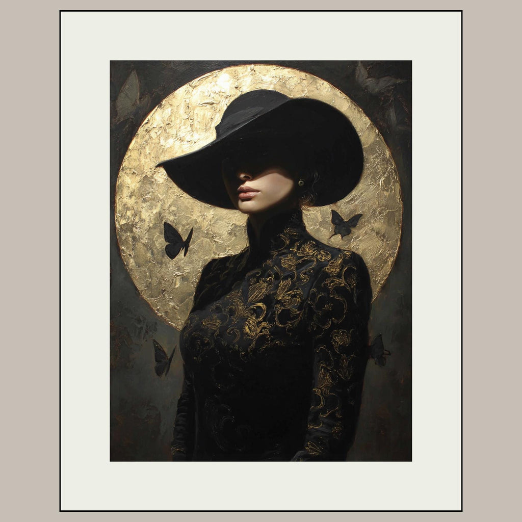 Woman in Black Hat Wall Art Print, Golden Moon and Butterflies, Moody Artwork Painting