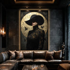 Woman in Black Hat Wall Art Print, Golden Moon and Butterflies, Moody Artwork Painting