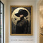 Woman in Black Hat Wall Art Print, Golden Moon and Butterflies, Moody Artwork Painting
