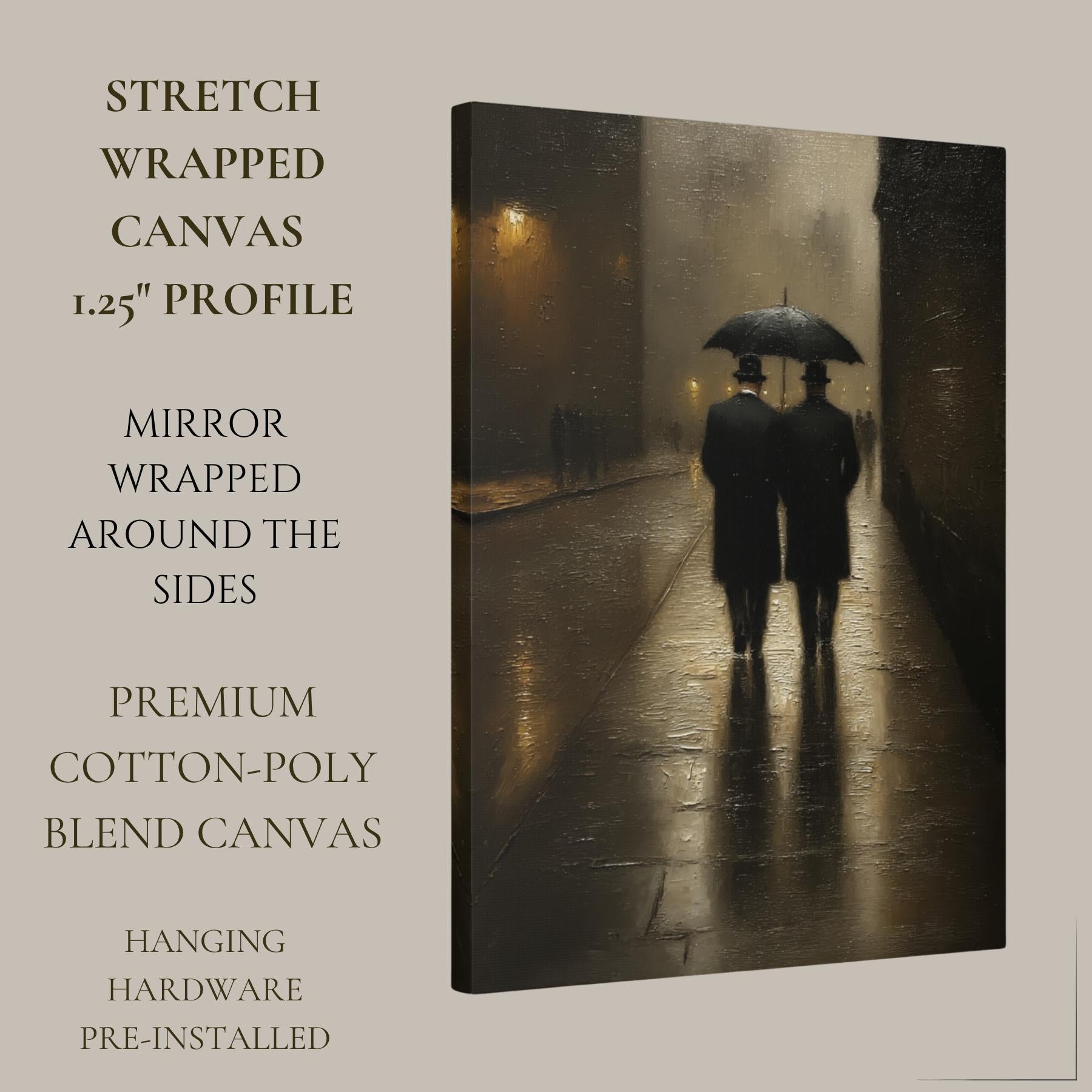 Two Gentlemen Walking, London Streetscene Print, Male Couple with Umbrella Painting