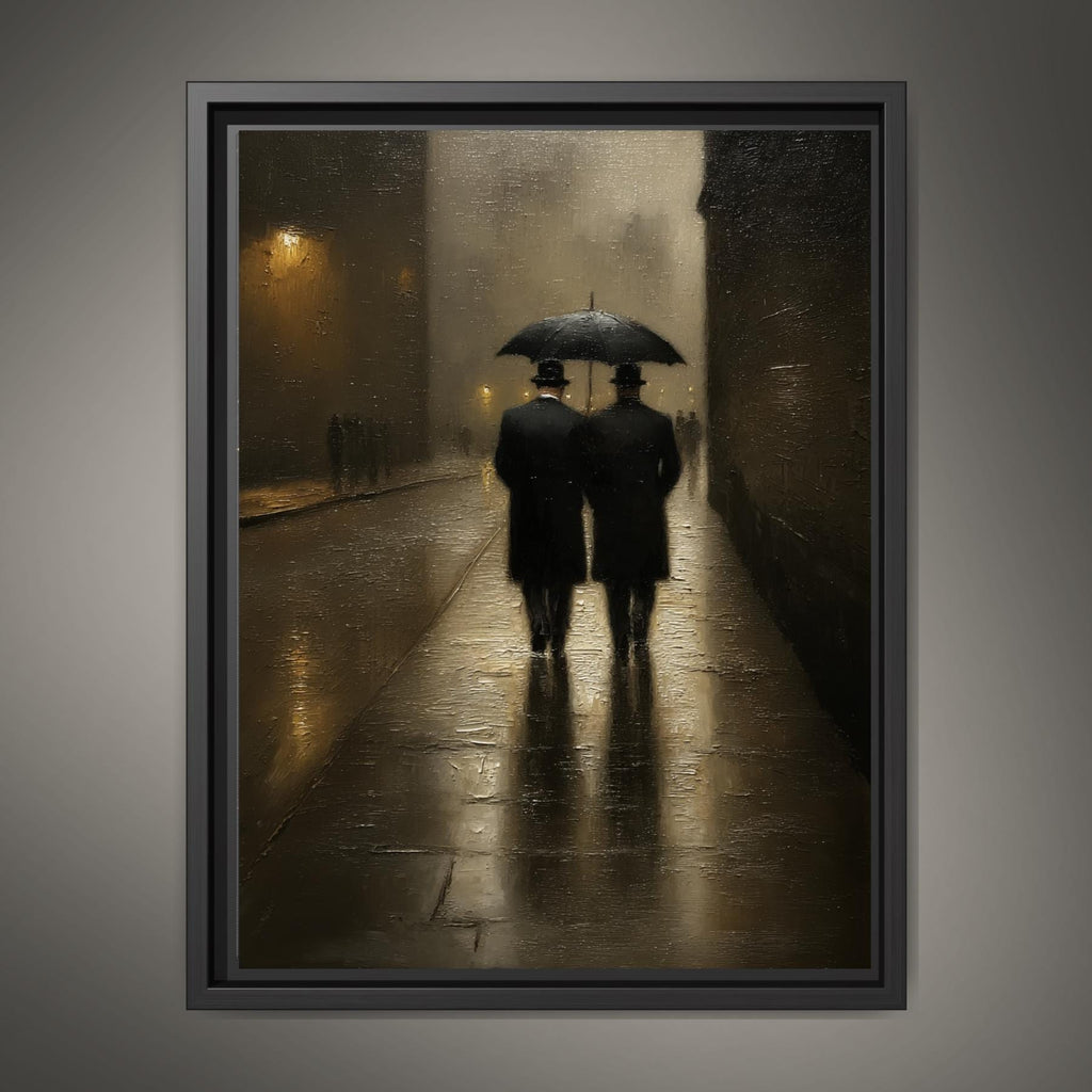 Two Gentlemen Walking, London Streetscene Print, Male Couple with Umbrella Painting
