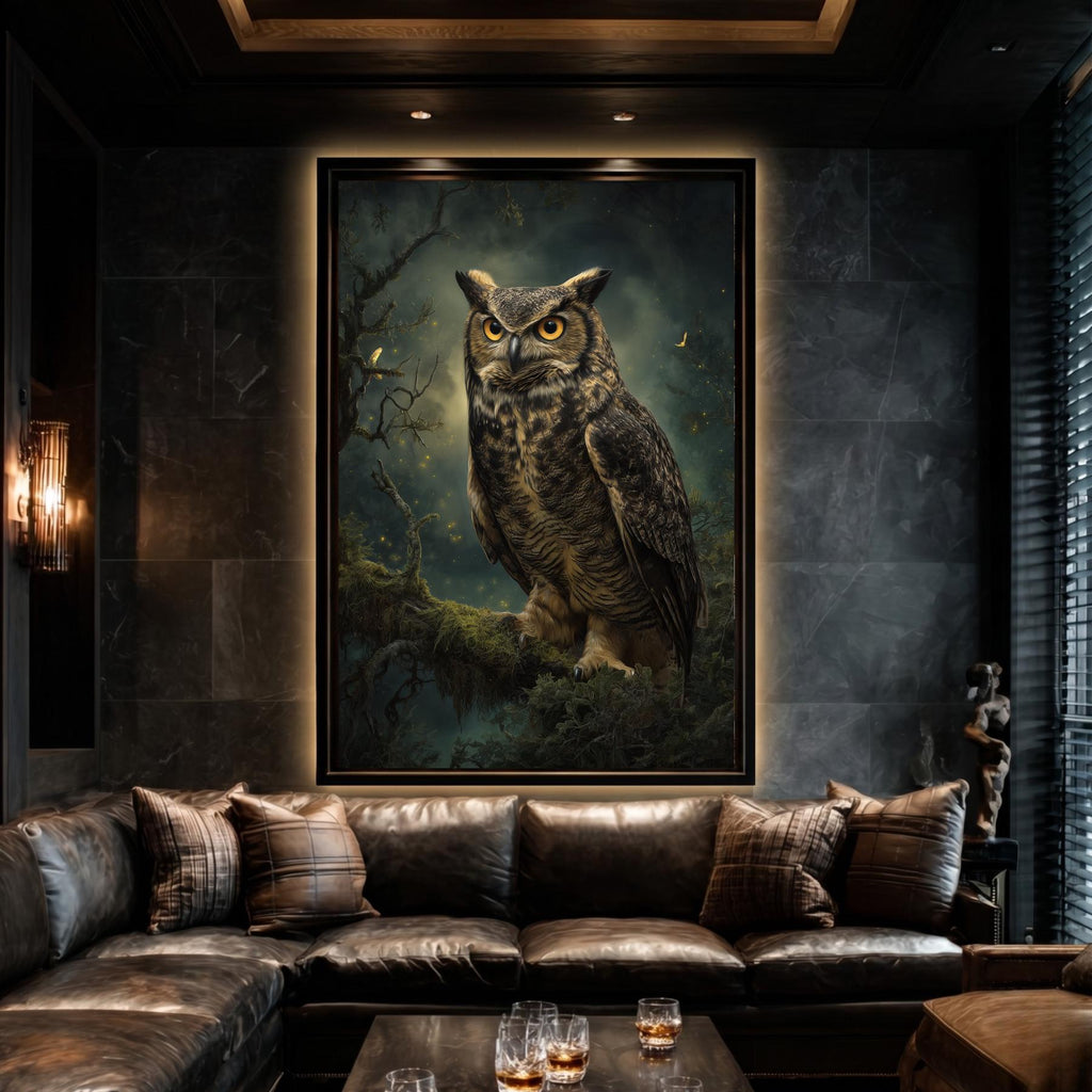 Owl Wall Art Print, Forest Bird of Prey Decor, Moody Woodland Nature Artwork