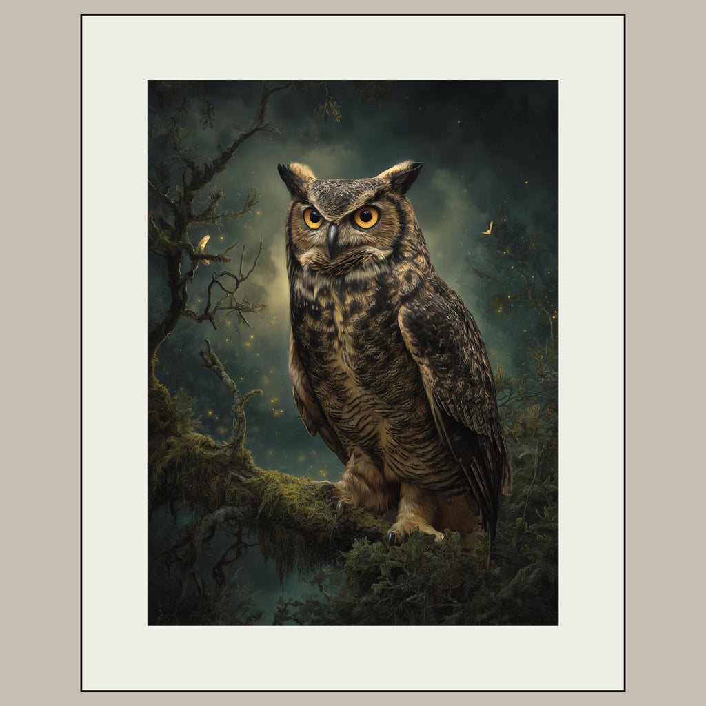 Owl Wall Art Print, Forest Bird of Prey Decor, Moody Woodland Nature Artwork