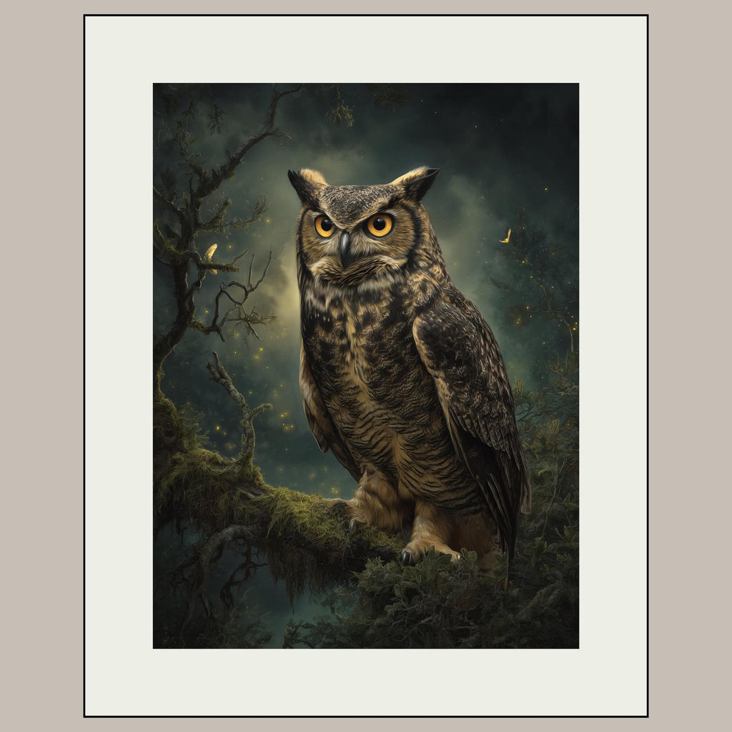 Owl Wall Art Print, Forest Bird of Prey Decor, Moody Woodland Nature Artwork