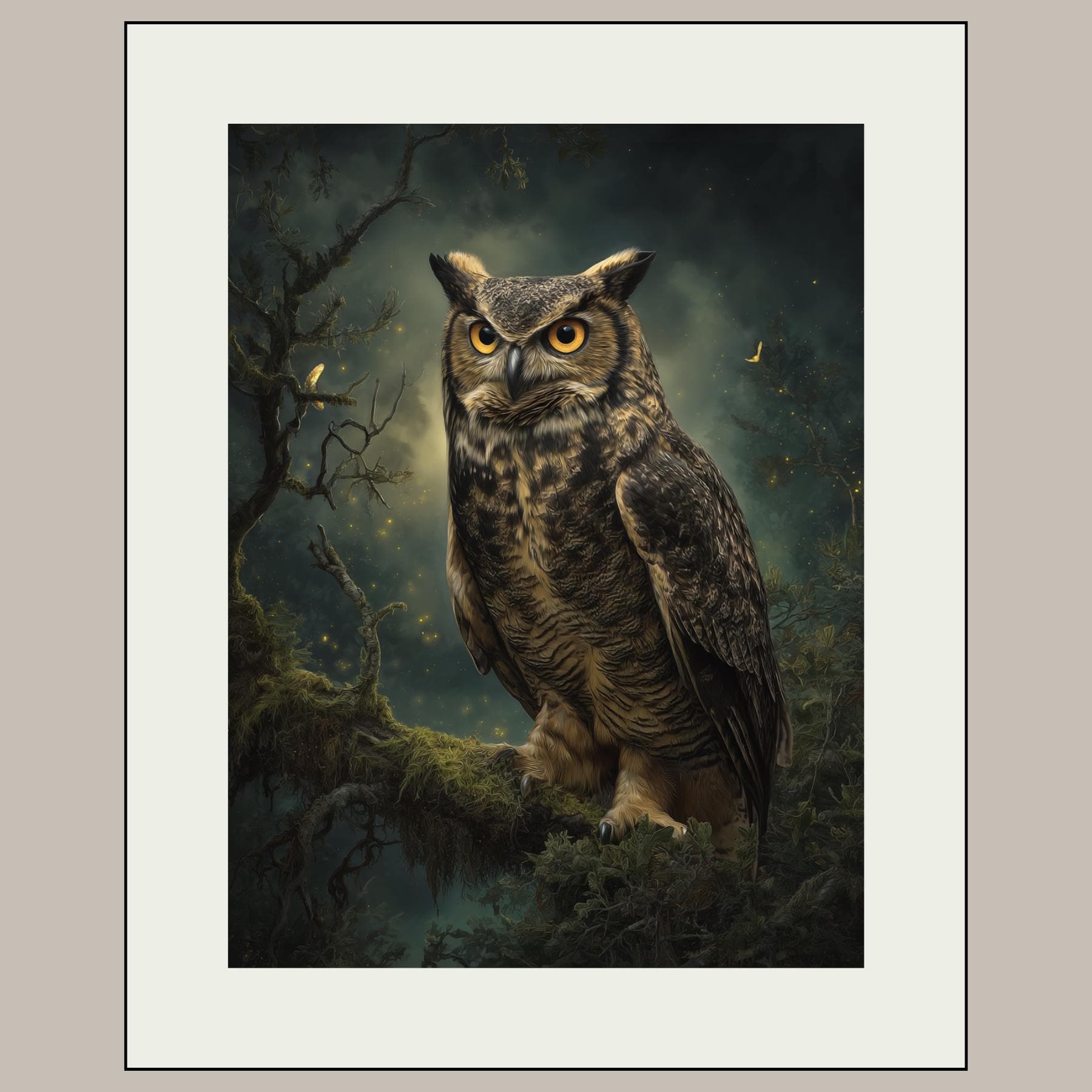 Owl Wall Art Print, Forest Bird of Prey Decor, Moody Woodland Nature Artwork